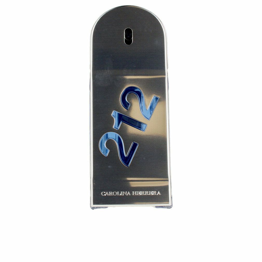 Flacone argentato a forma di skateboard. Scritta "212" e "Carolina Herrera".