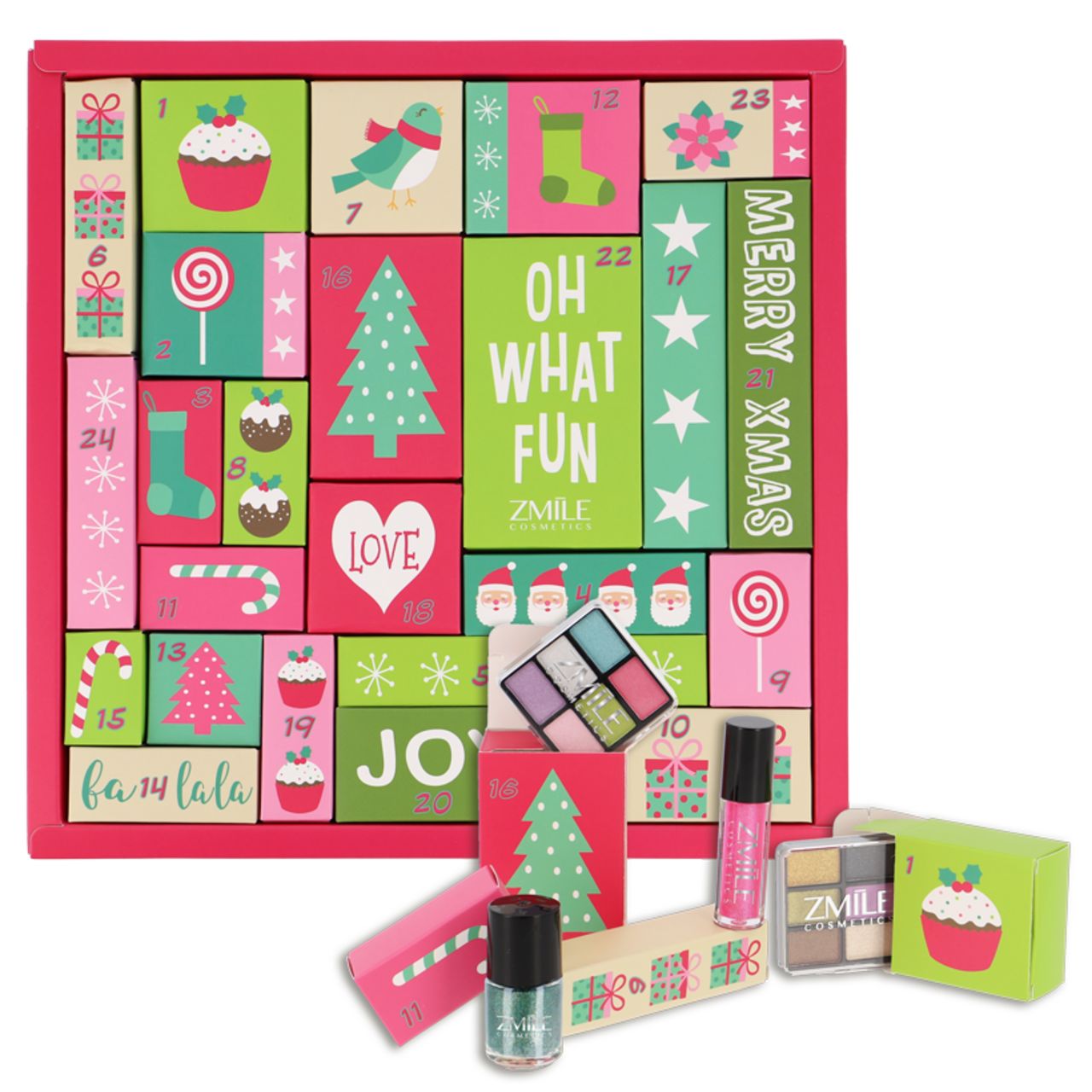 Adventskalender mit Kosmetikprodukten. Einzelne Boxen mit weihnachtlichen Motiven und der Aufschrift "ZMILE Cosmetics".