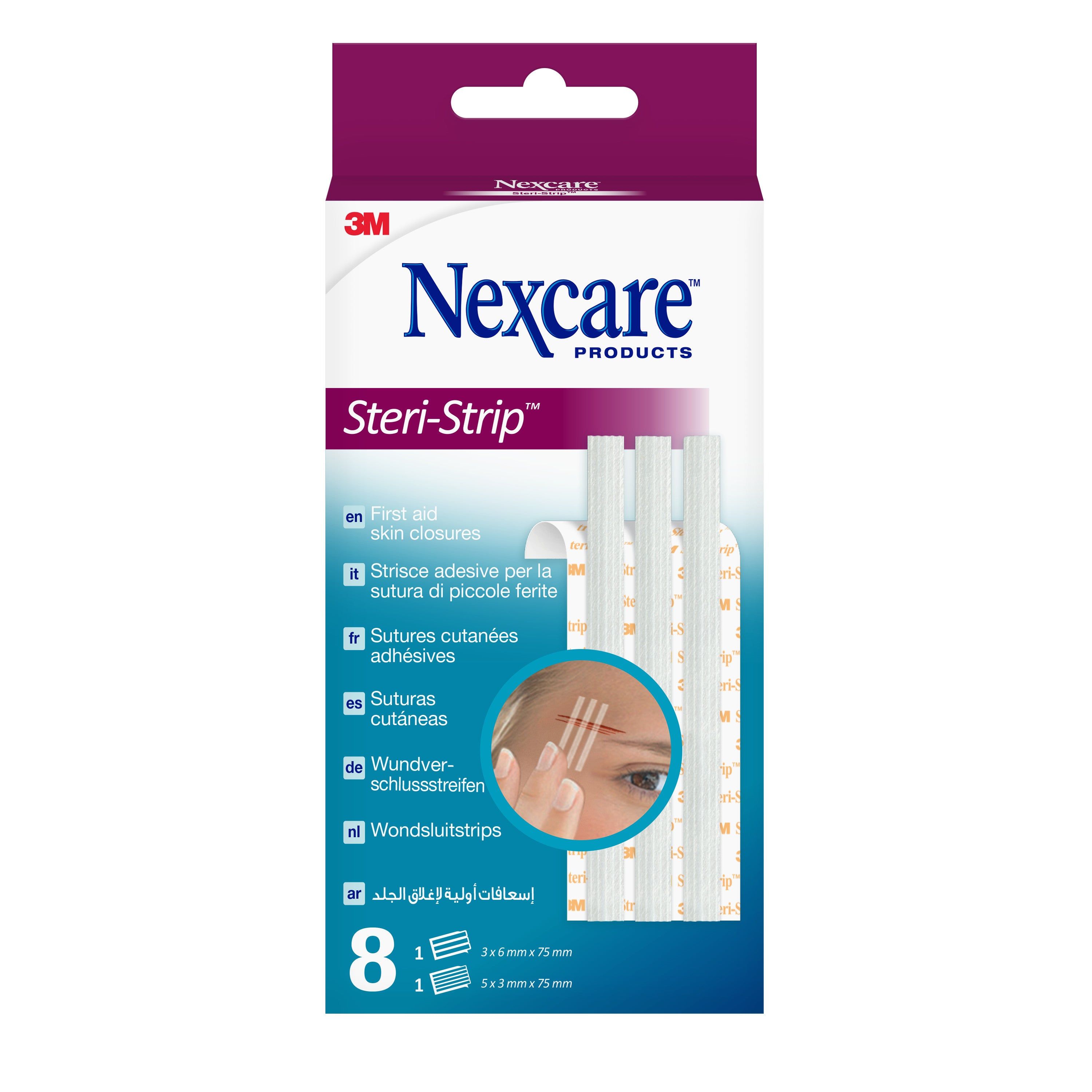 Verpackung mit Nexcare Steri-Strip Wundverschlussstreifen. Enthält 8 Streifen. Aufmachung mit Produktnamen und Anwendungshinweis.
