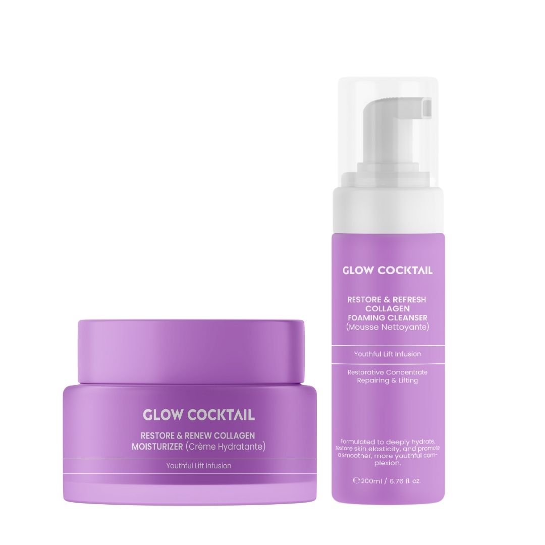 Zwei lila Kosmetikprodukte: Feuchtigkeitscreme und Reinigungsschaum. Beide tragen den Namen Glow Cocktail und Produktinformationen.
