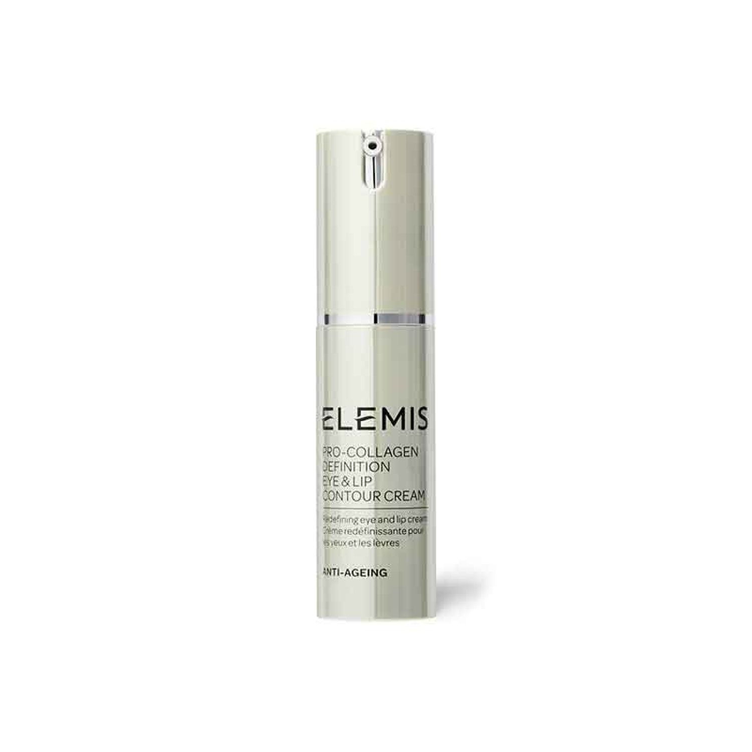 Zylindrische Flasche. Elemis Pro-Collagen Definition Eye & Lip Contour Cream. Silberne Akzente. Text: Anti-Aging.