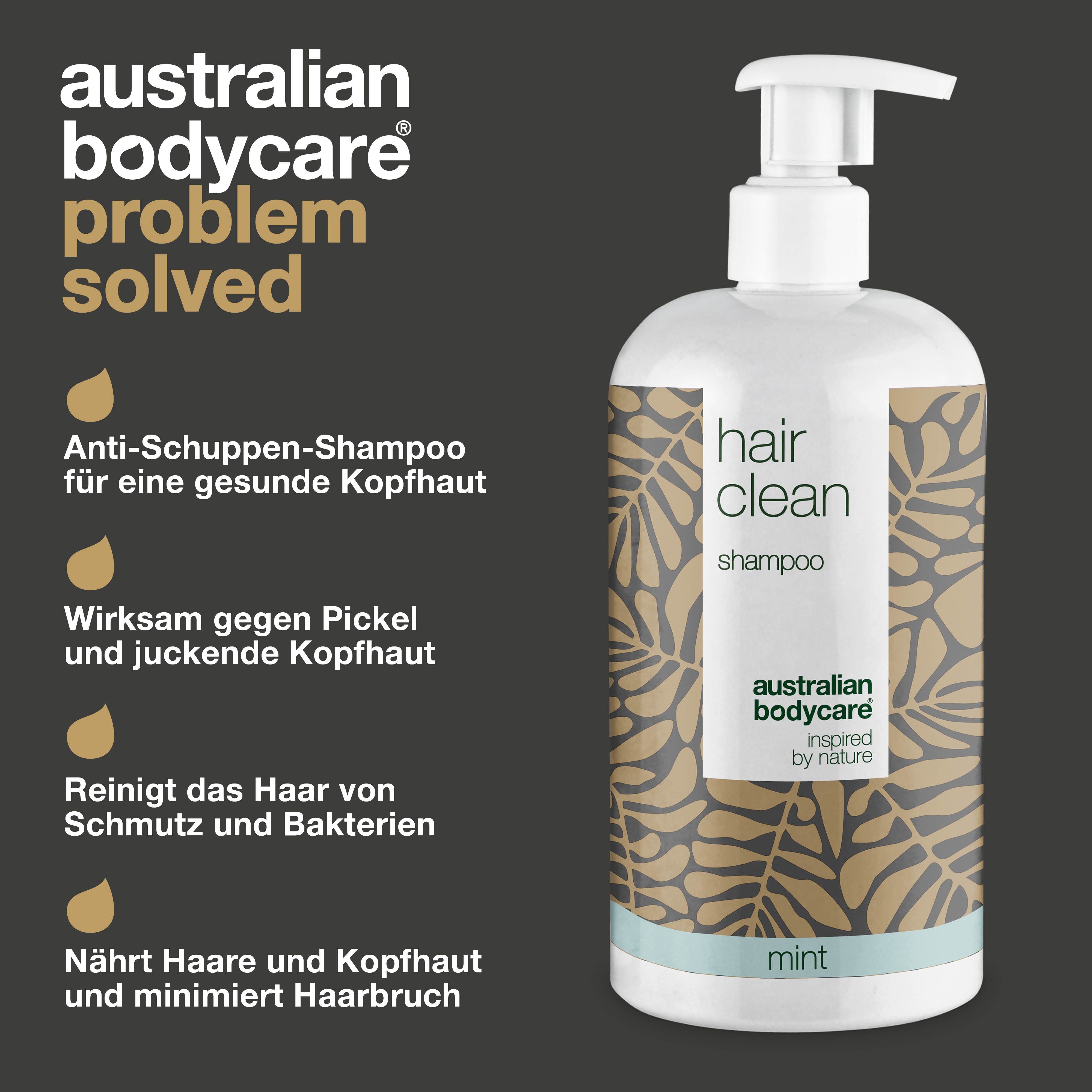 Shampoo-Flasche mit Aufschrift Hair Clean Shampoo, Australian Bodycare. Text: Getestet und von Dermatologen bestätigt.