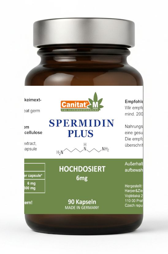 Braune Glasflasche mit Etikett: Spermidin Plus, 6mg, 90 Kapseln. Marke Canitat M. Made in Germany. Chemische Strukturformel.