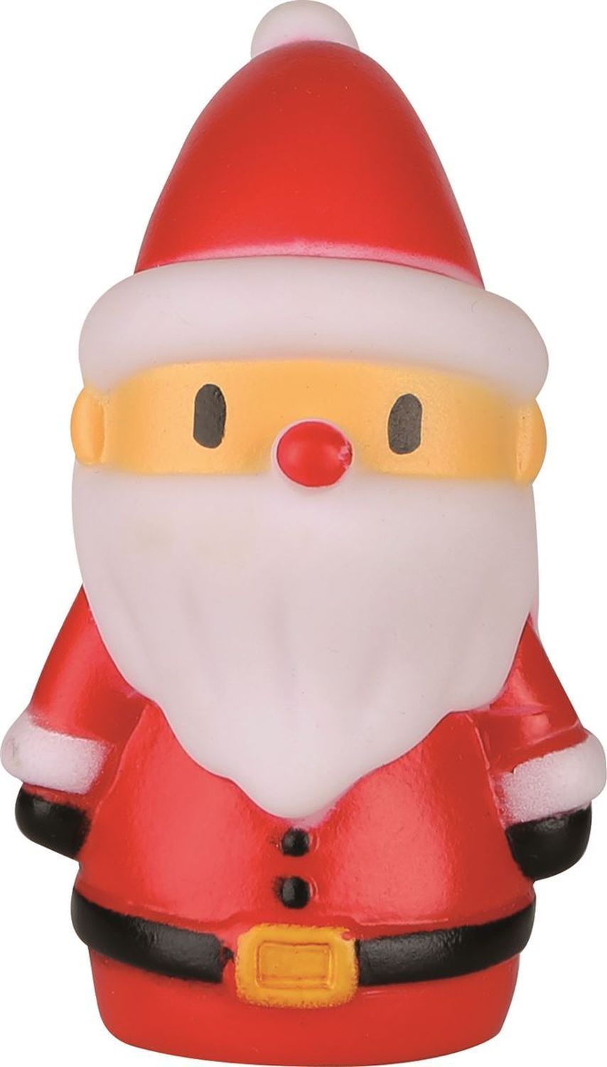 Weihnachtsmann-Fingerpuppe mit roter Mütze und rotem Anzug. Weißer Bart und gelbes Gesicht. Schwarzer Gürtel.