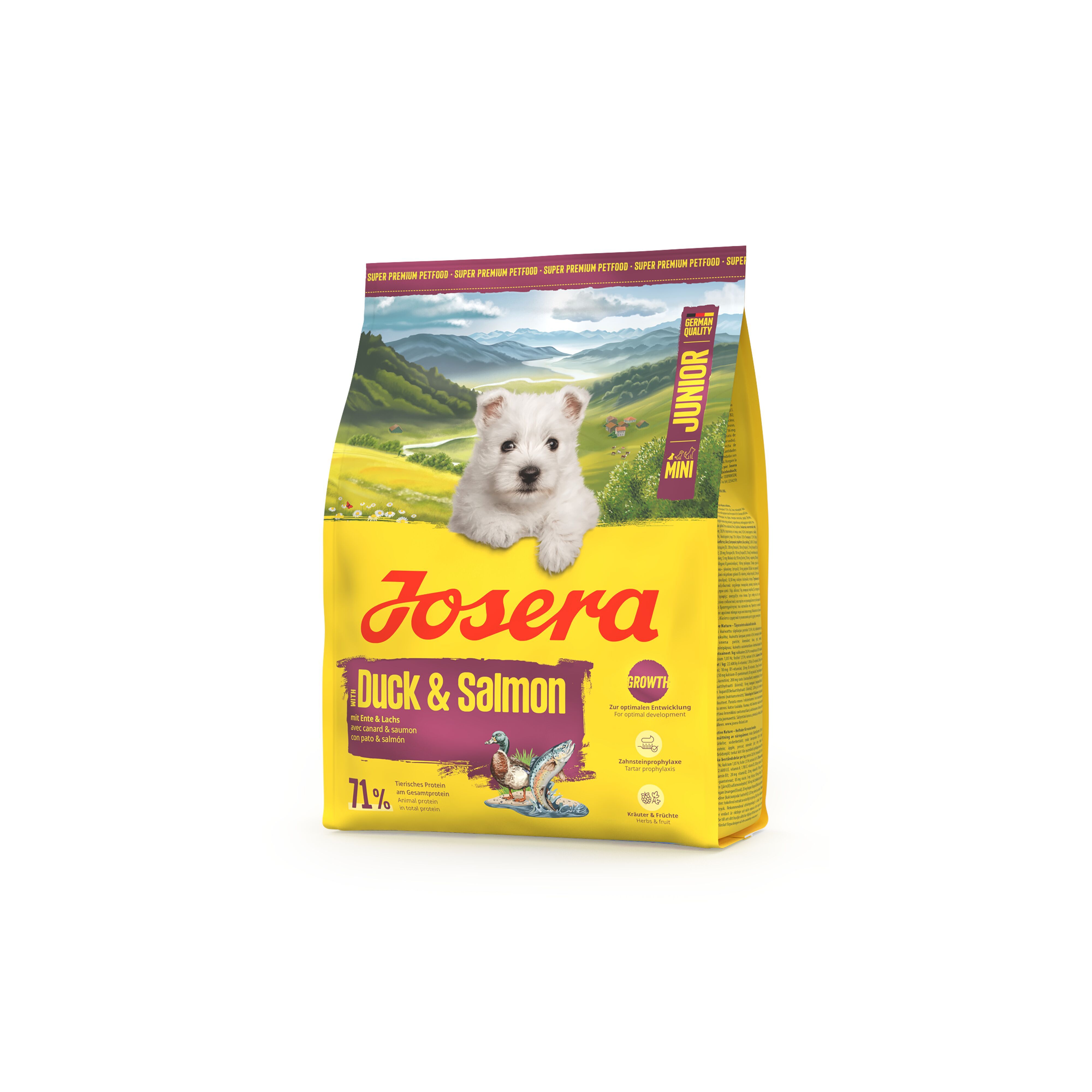 Gelbe Verpackung mit Produktnamen JOSERA, Mini Junior, Ente & Lachs. Ein Welpe und eine Landschaft sind abgebildet.