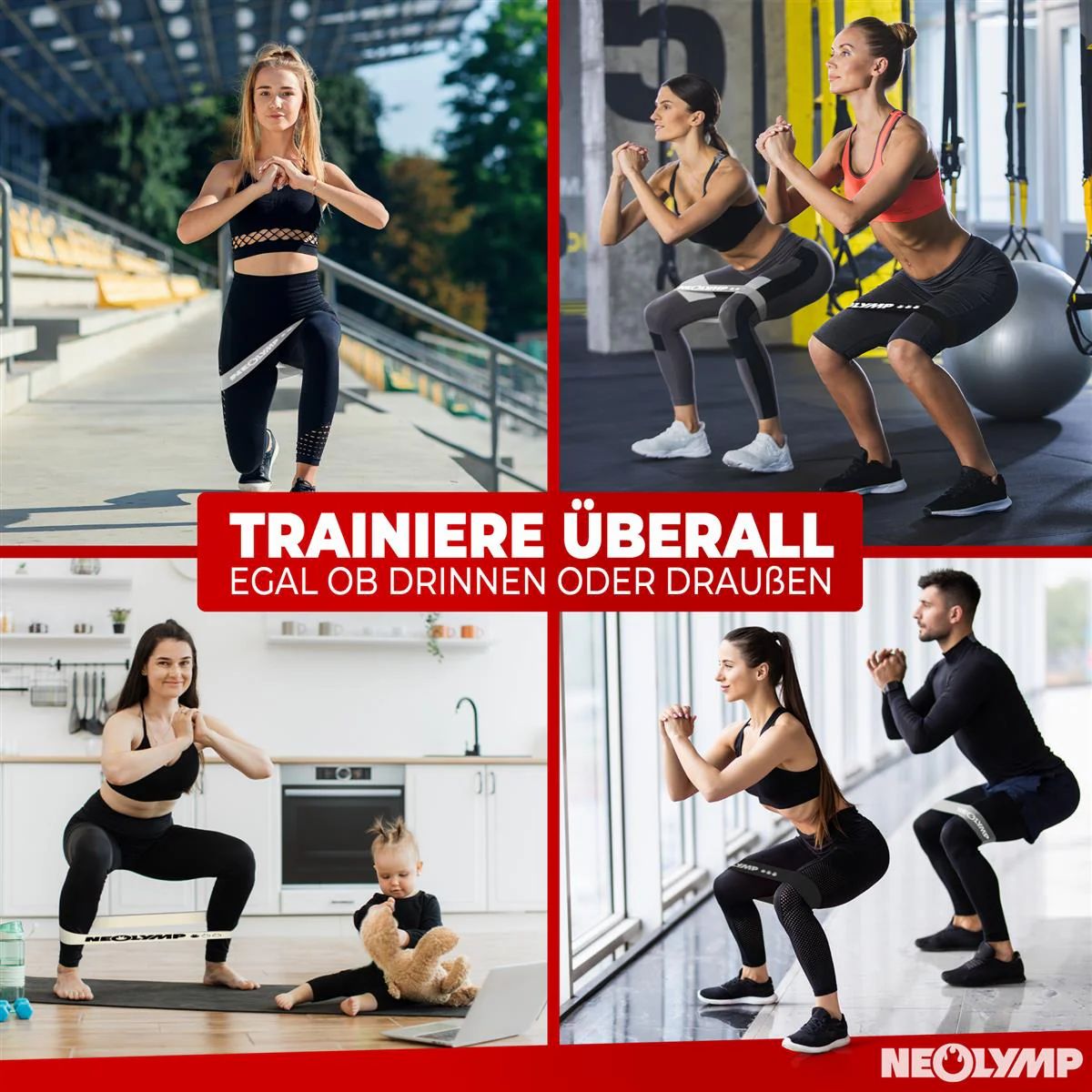 Mehrere Bilder zeigen Menschen, die mit Fitnessbändern trainieren. Text: "TRAINIERE ÜBERALL" und "NEOLYMP".