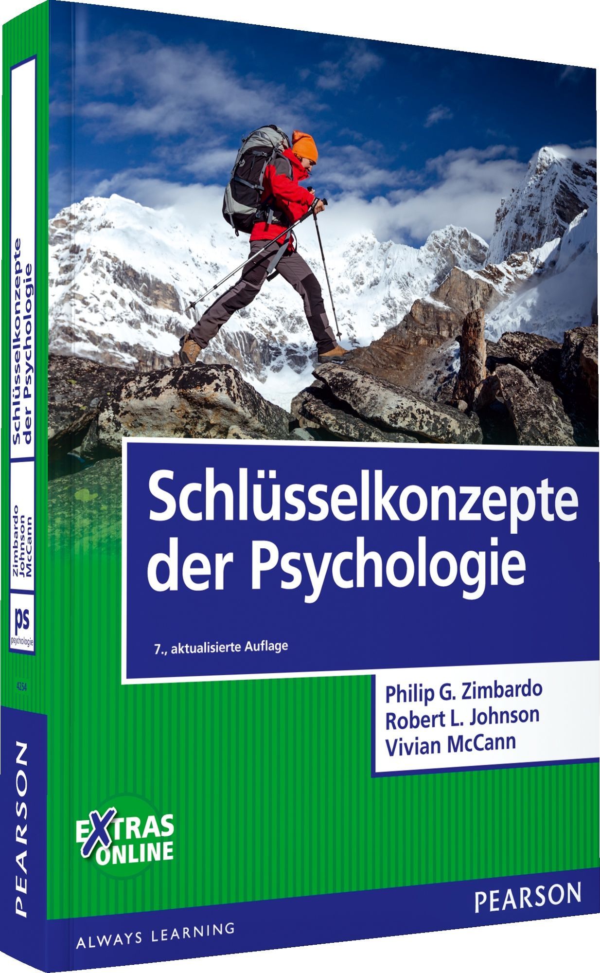 Buch mit dem Titel "Schlüsselkonzepte der Psychologie". Auf dem Cover ist eine Person beim Bergsteigen abgebildet. Verlag: Pearson.