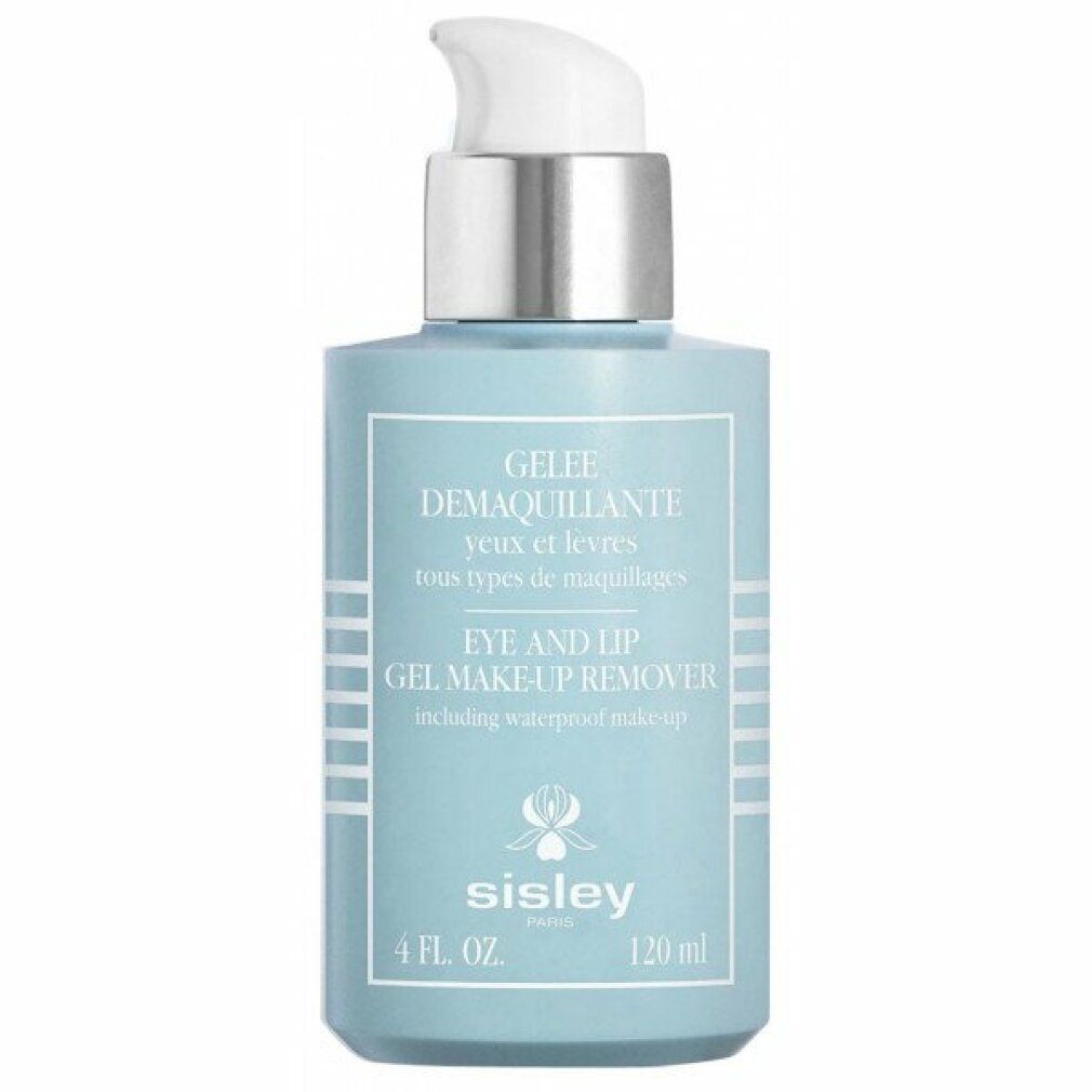 Türkisblaue Flasche mit silbernem Pumpkopf. Aufschrift: Gelee Demaquillante, Eye and Lip Gel Makeup Remover. Marke: Sisley.