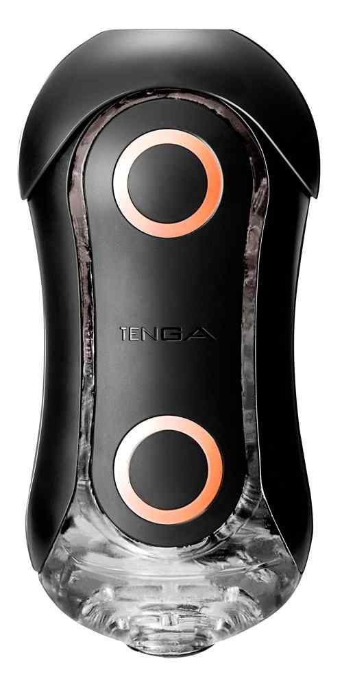 Schwarzes, ovales Wellness-Produkt mit zwei orangefarbenen Ringen und transparentem Boden. Der Text "TENGA" ist sichtbar.