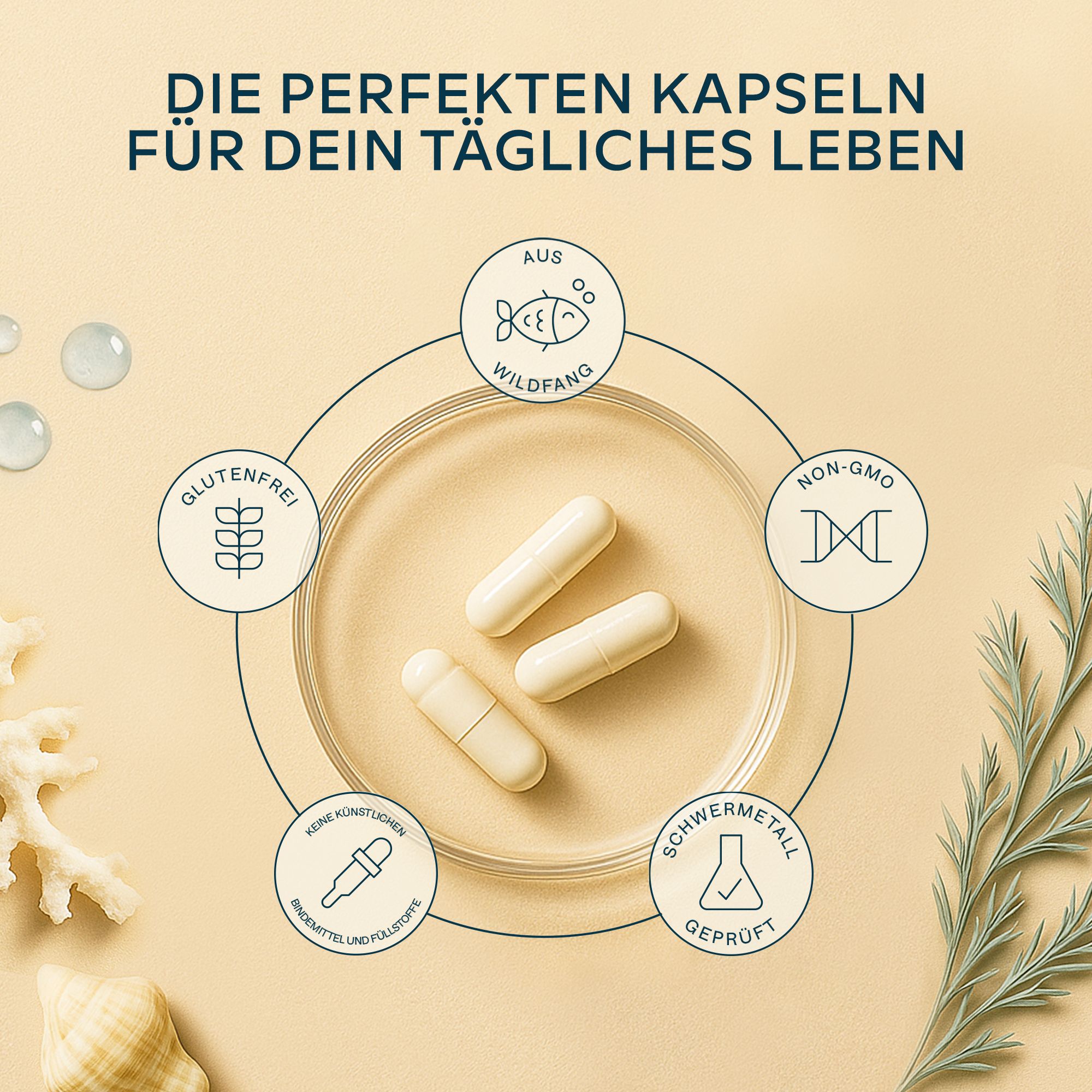 Drei Kapseln. Symbole: glutenfrei, wild gefangen, ohne Zusatzstoffe, ohne GVO, getestet auf Schwermetalle.