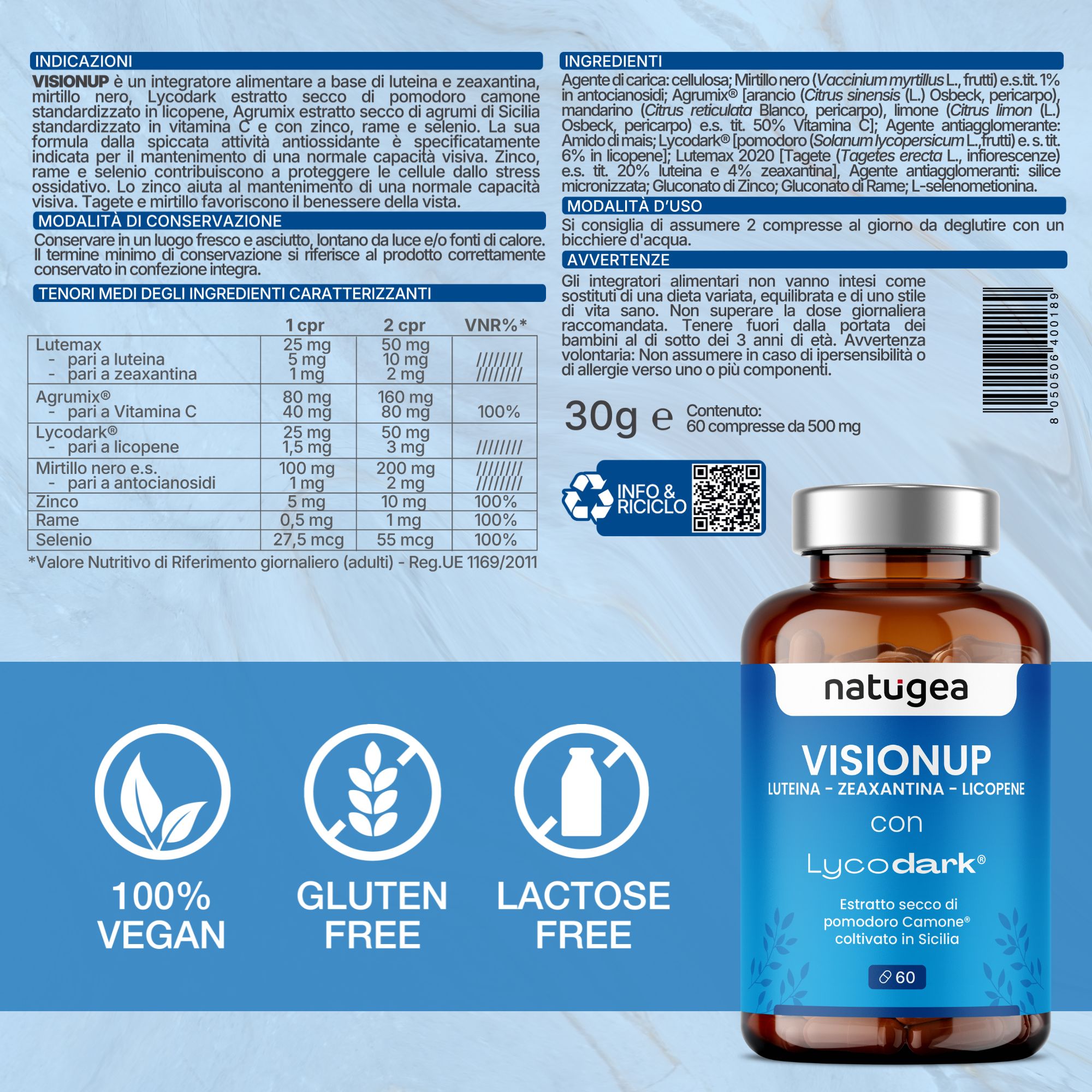 Confezione del prodotto con ingredienti, valori nutrizionali, loghi. Flacone marrone con etichetta blu.