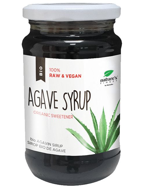 Glas mit Agavensirup. Aufschrift: Bio, 100% Roh & Vegan, Agavensirup, Organic Sweetener. Logo: Nature's Finest.
