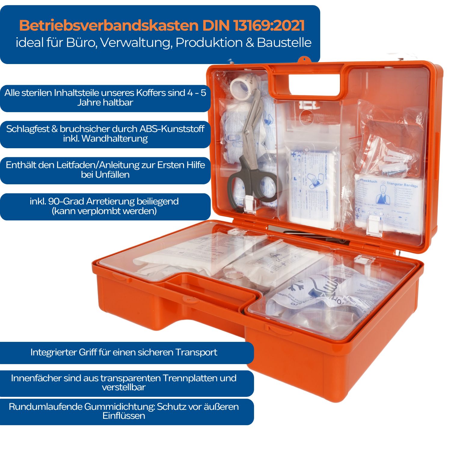 Offener oranger Erste-Hilfe-Koffer. Inhalt sichtbar: Verbandsmaterial, Schere, etc. Innenfächer. Gummierung.