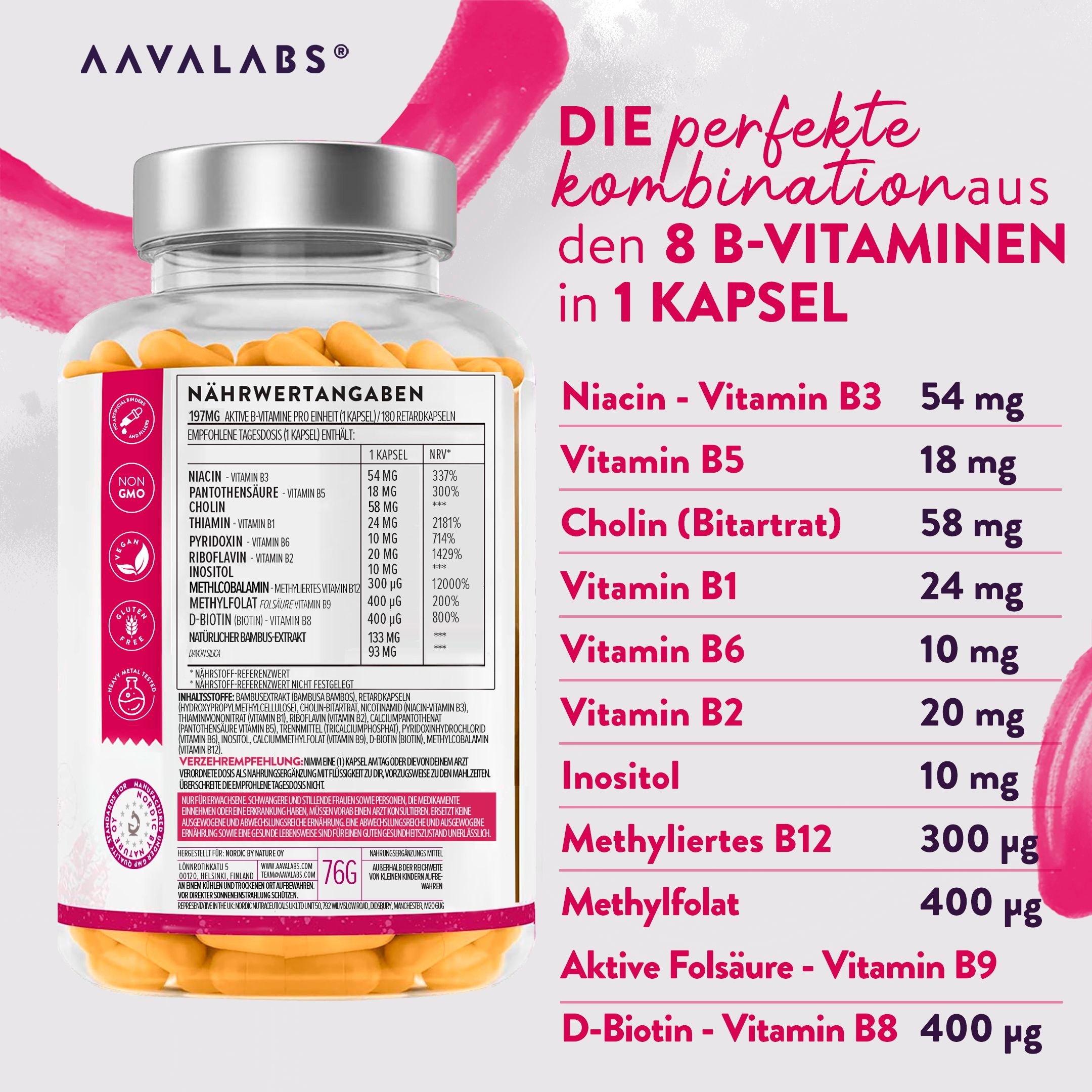 Flasche mit Kapseln. AAVALABS Vitamin B Komplex. Nährwertangaben. Rosa Hintergrund.