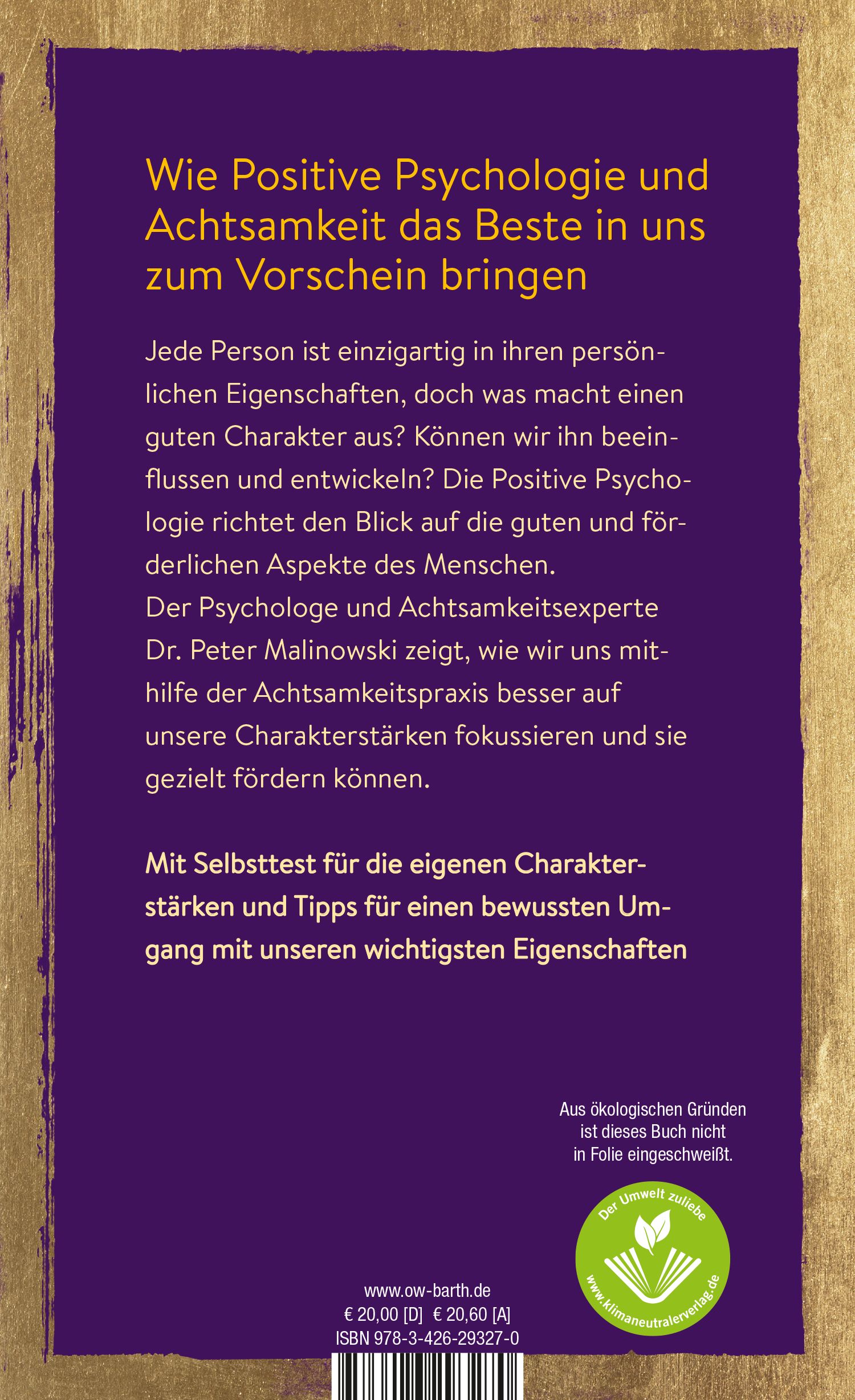 Buchrückseite: Text über positive Psychologie und Achtsamkeit, violetter Hintergrund, Logo.