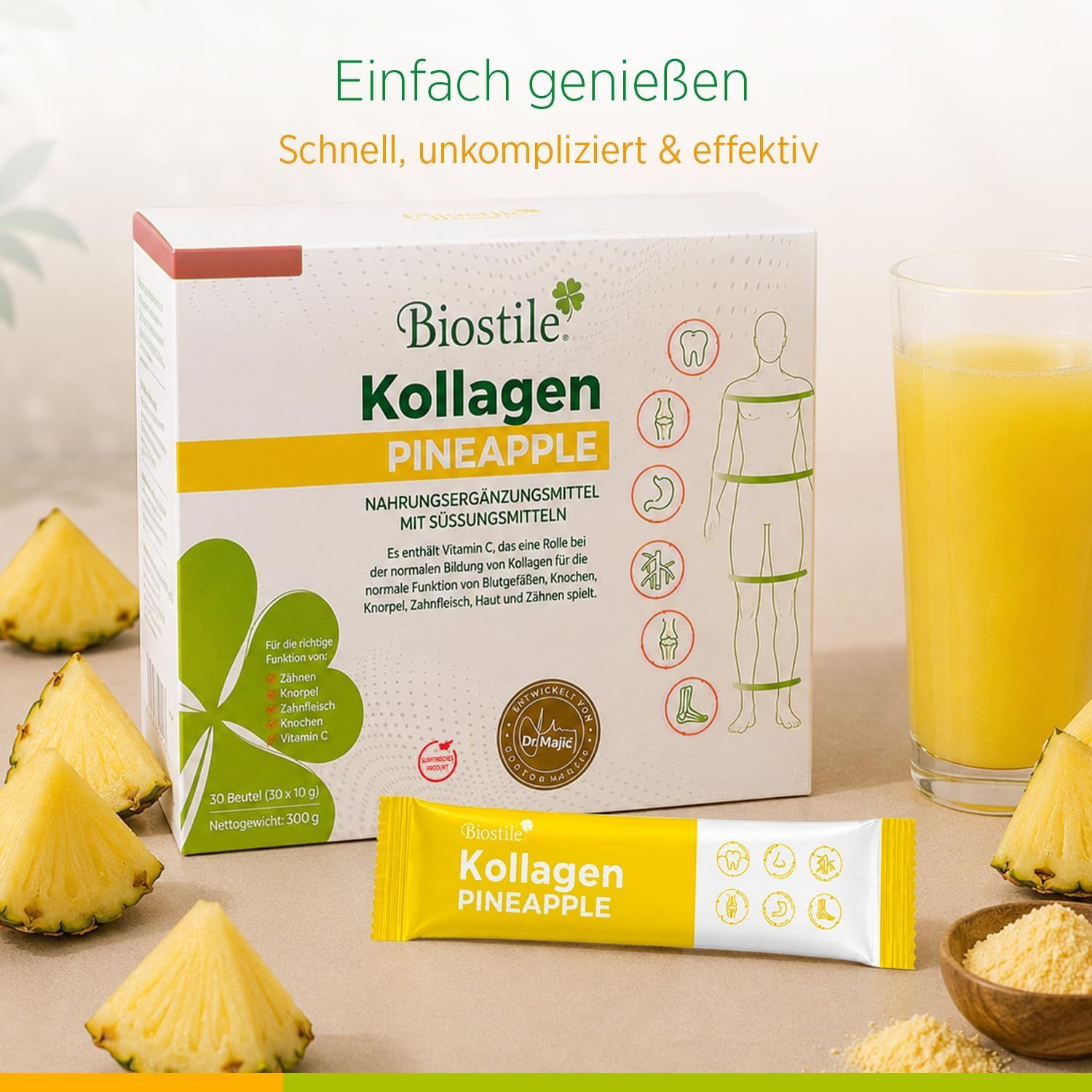 Biostile Collagen Pineapple: Karton, Beutel, Ananasstücke, Glas mit Getränk.