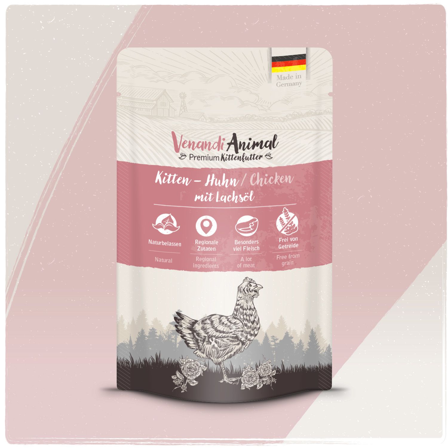 Standbodenbeutel für Katzenfutter, "Kitten - Huhn / Chicken mit Lachsöl", Made in Germany.