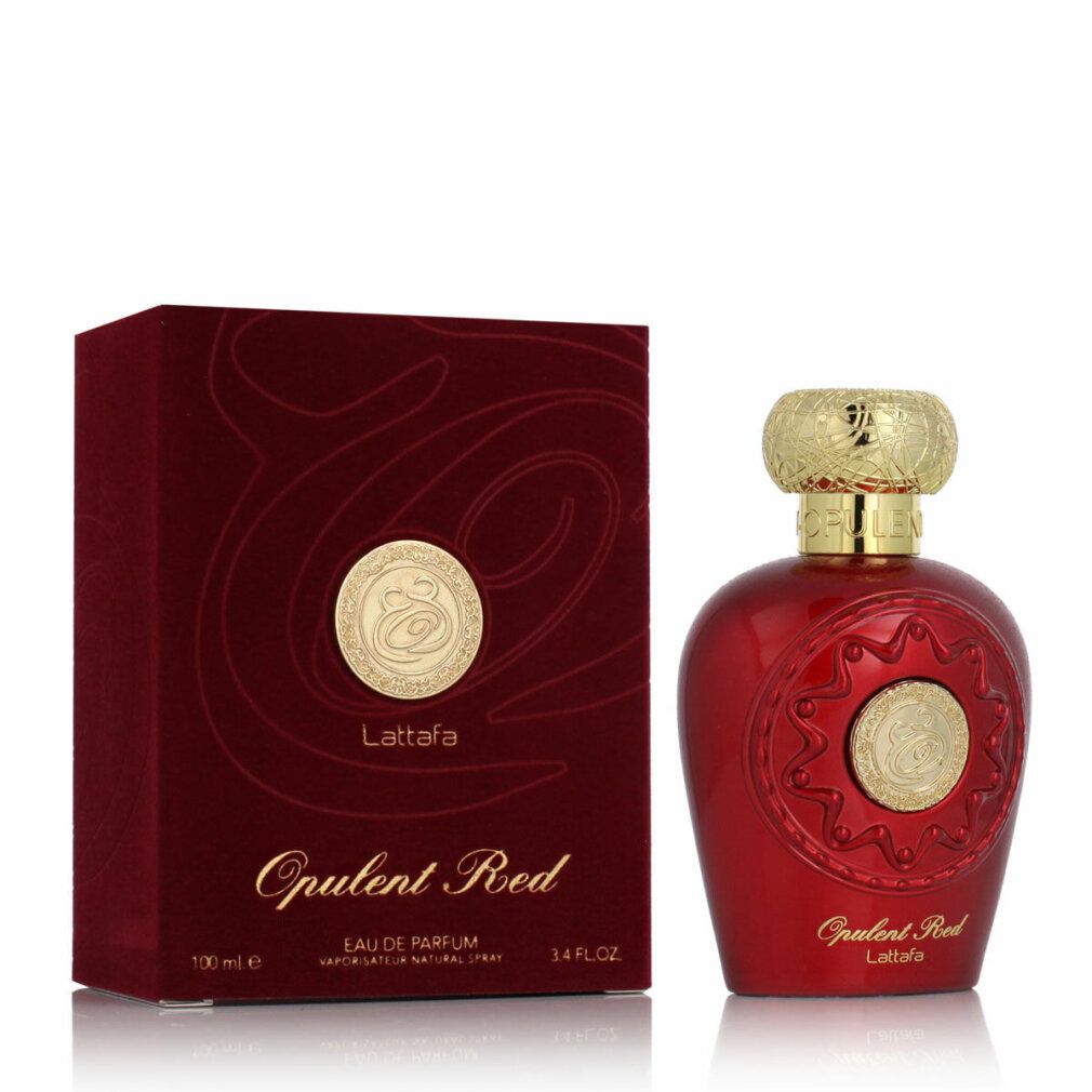 Roter Flakon und Verpackung. Goldfarbener Deckel. Aufschrift: Opulent Red, Lattafa. 100 ml.