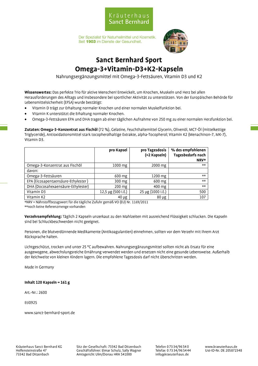 Produktinformationen zu Omega-3+Vitamin D3+K2-Kapseln. Enthält Nährwertangaben, Inhaltsstoffe und Herstellerinformationen.