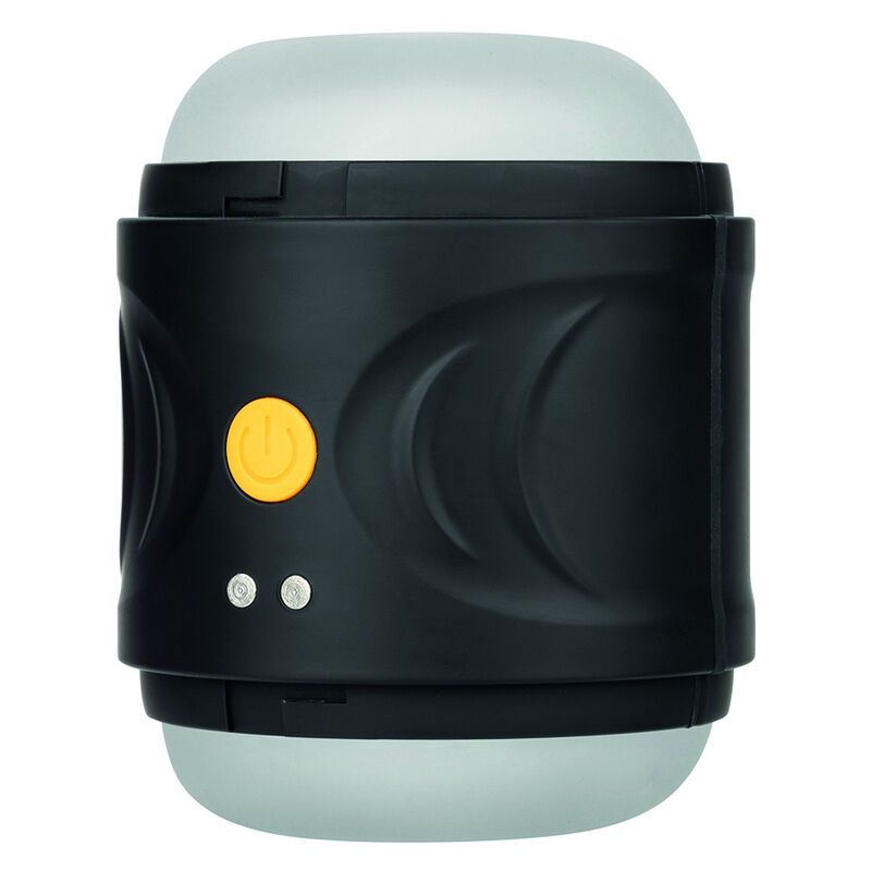 Zylindrisches, schwarzes Gerät mit weißem Innenraum. Gelber Knopf und zwei kleine Knöpfe. Für Intimität.