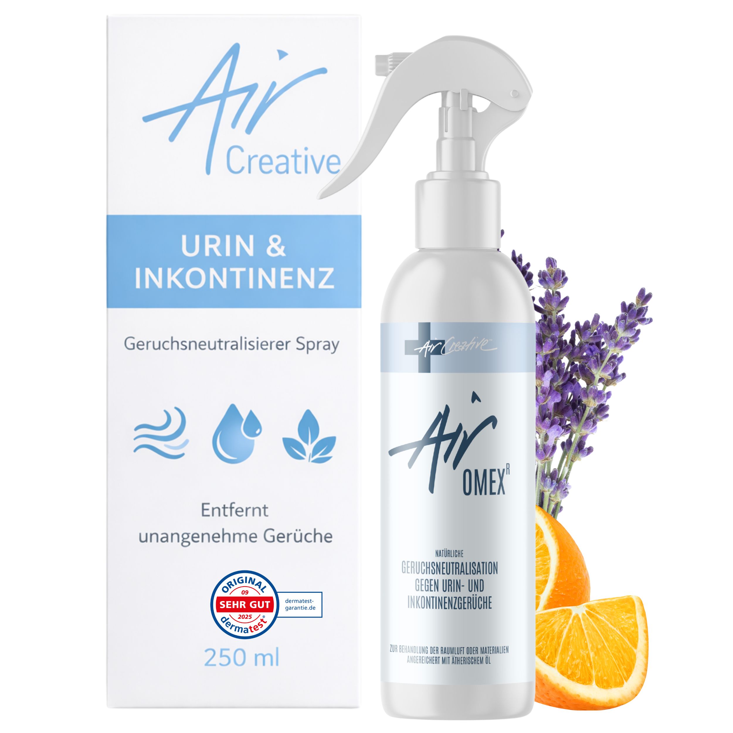 Air Creative Airomex Sprühflasche und Verpackung. Text: Urin & Inkontinenz, Geruchsneutralisierer, entfernt unangenehme Gerüche, 250 ml.