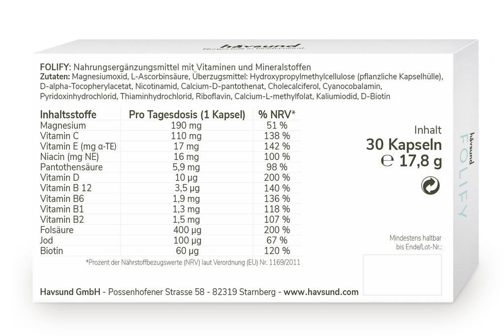 Weiße Verpackung mit Inhaltsstoffliste und Nährwertangaben. Enthält 30 Kapseln. Gewicht: 17,8 g. Text: "håvsund FOLIFY".