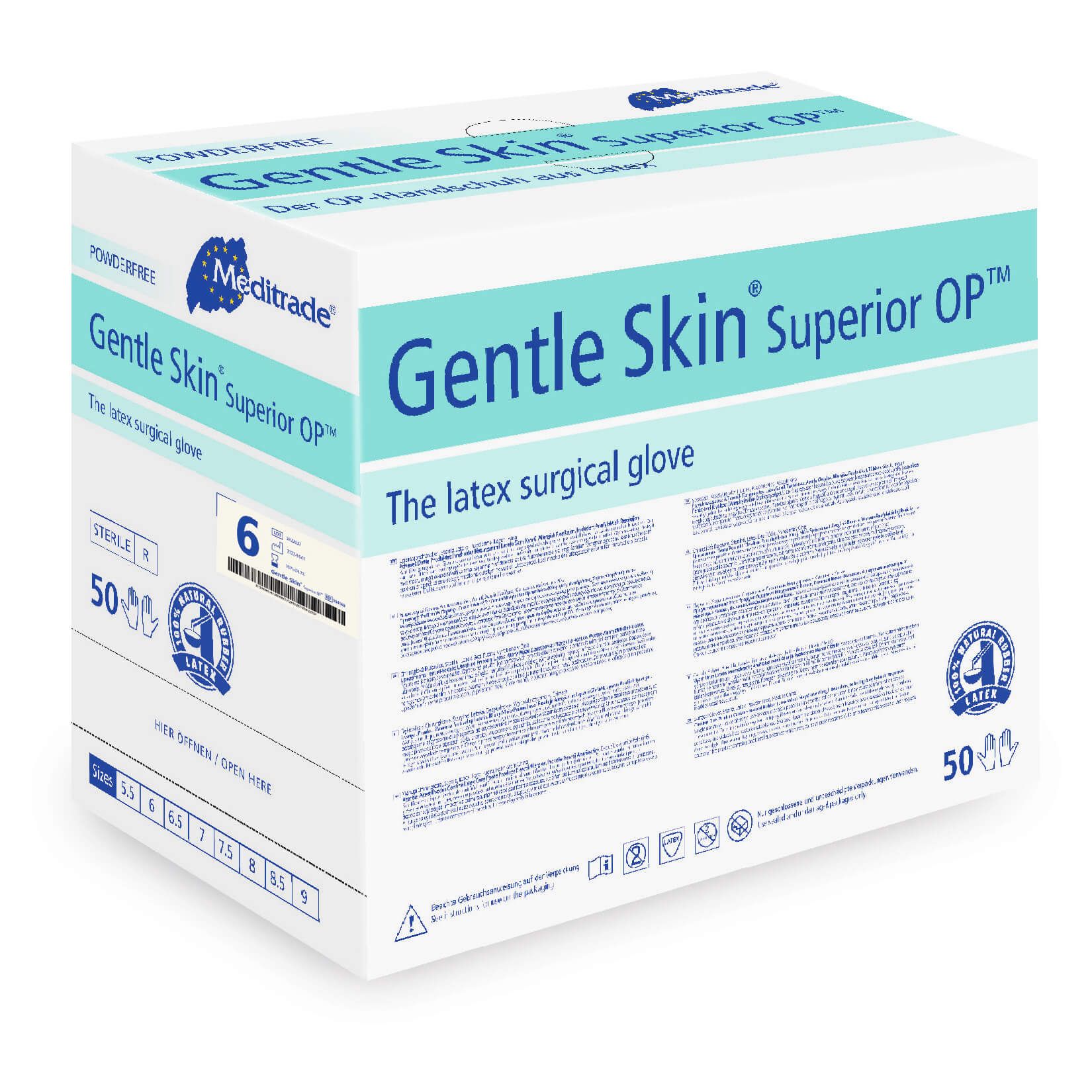 Karton mit Aufschrift Gentle Skin Superior OP. Größe 6. Latex-OP-Handschuhe. 50 Stück. Meditrade Logo.