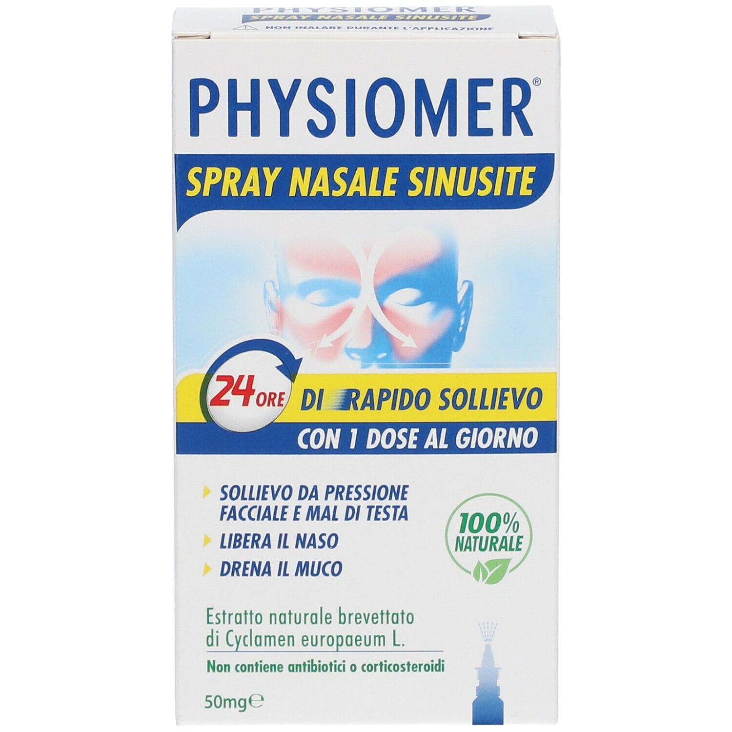 Confezione di PHYSIOMER Spray Nasale Sinusite. Contiene 50ml. Formula naturale al 100%. Sollievo rapido per 24 ore.