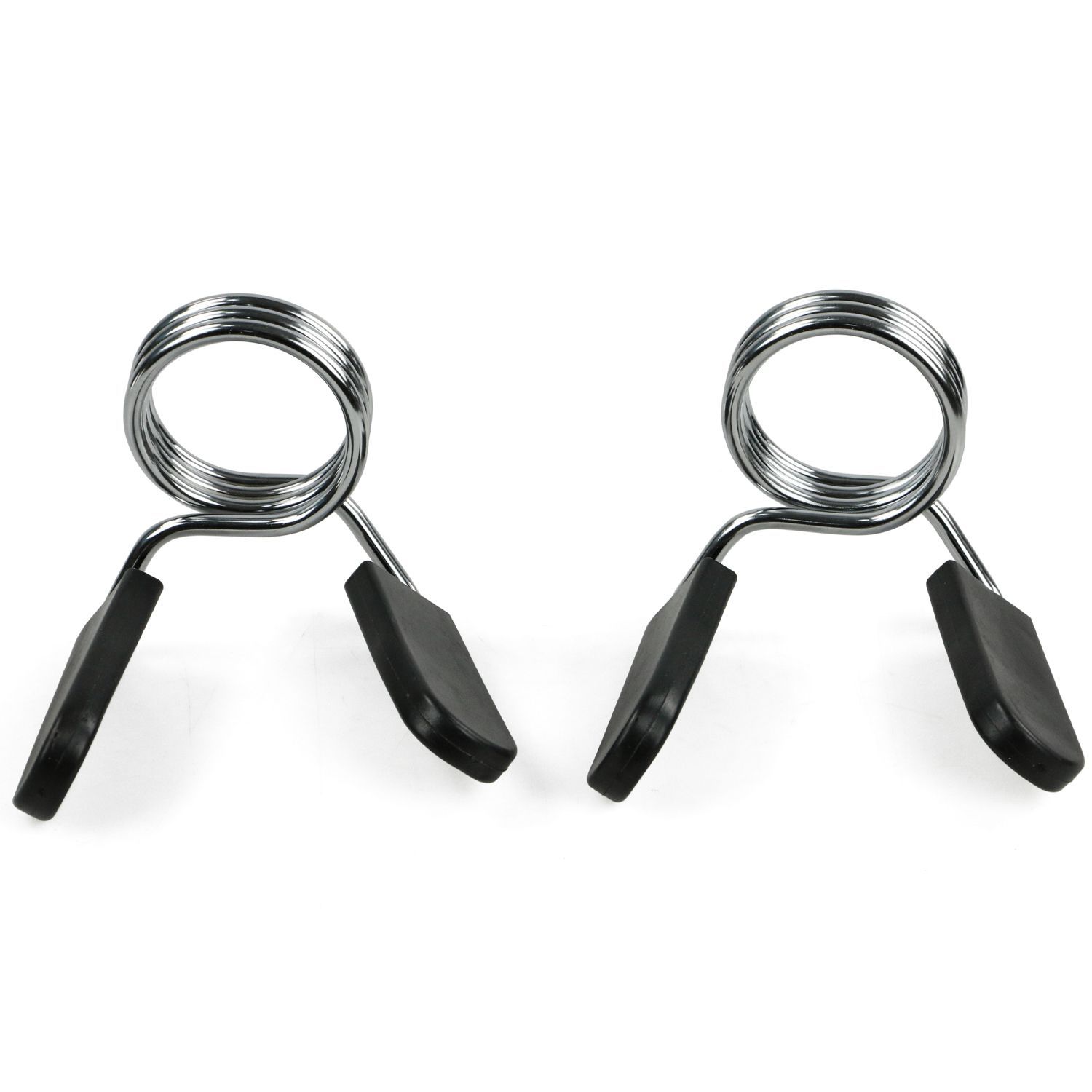 Zwei Federverschlüsse. Metall, schwarz. Für Hantelstangen. Detailansicht.