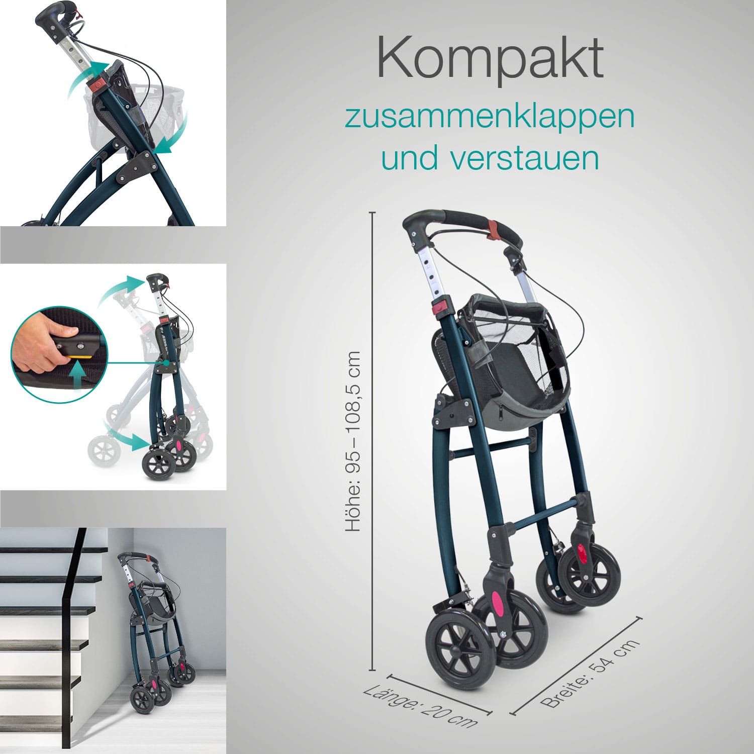 Rollator zusammengeklappt. Maße: Höhe 95-108,5 cm, Länge 20 cm, Breite 54 cm.