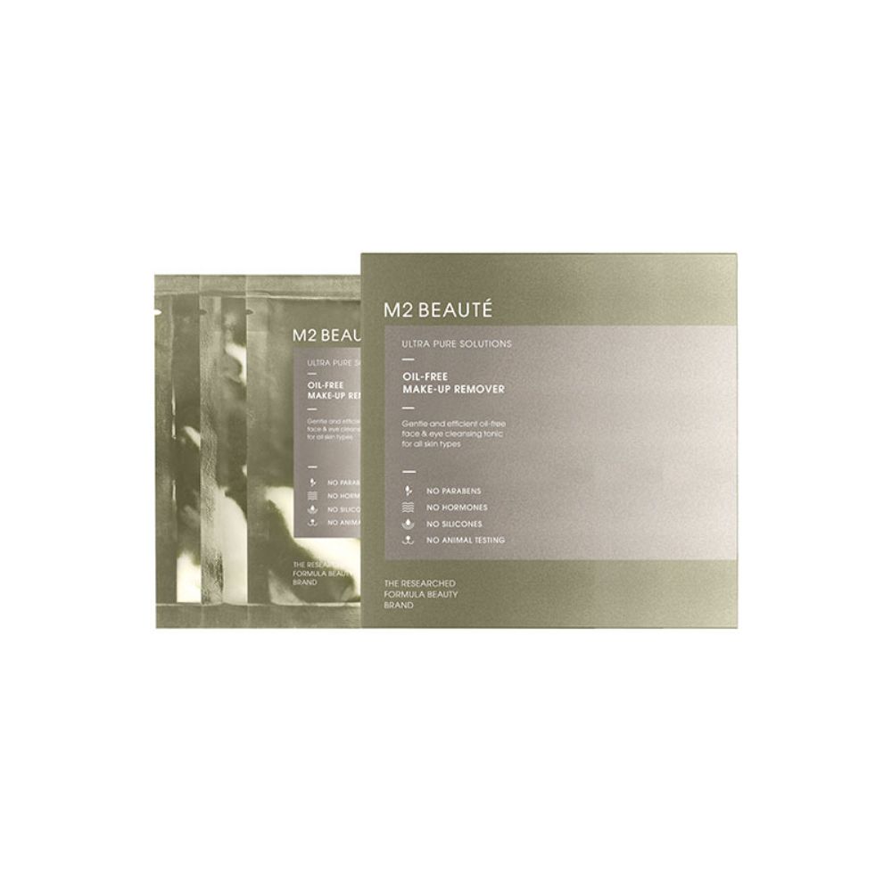 M2 Beauté Make-up Entferner. Einzelne Tücher und Kartonverpackung. Text: Ultra Pure Solutions, Oil-Free Make-Up Remover.