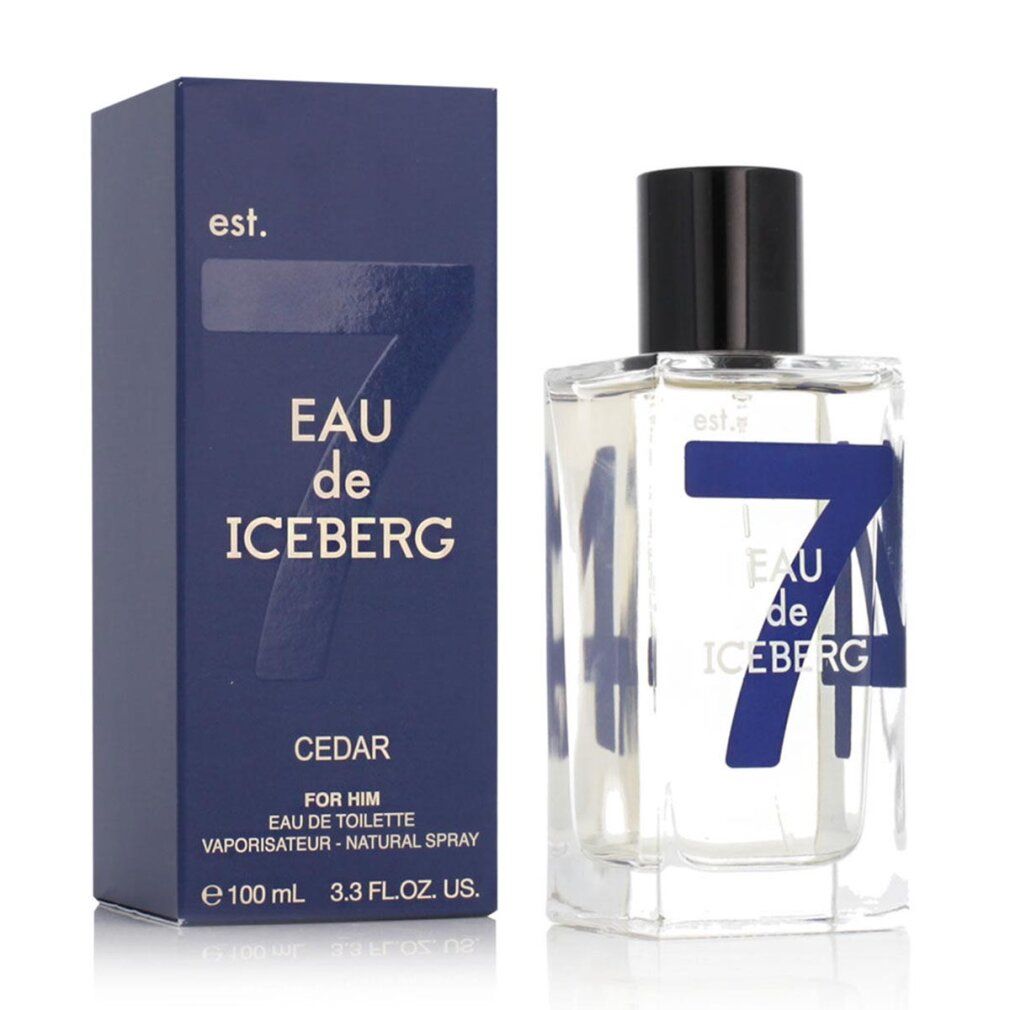 Dunkelblaue Schachtel und Flakon. Aufschrift: Eau de Iceberg Cedar. Schwarzer Deckel. Klarer Flakon mit blauer 7.
