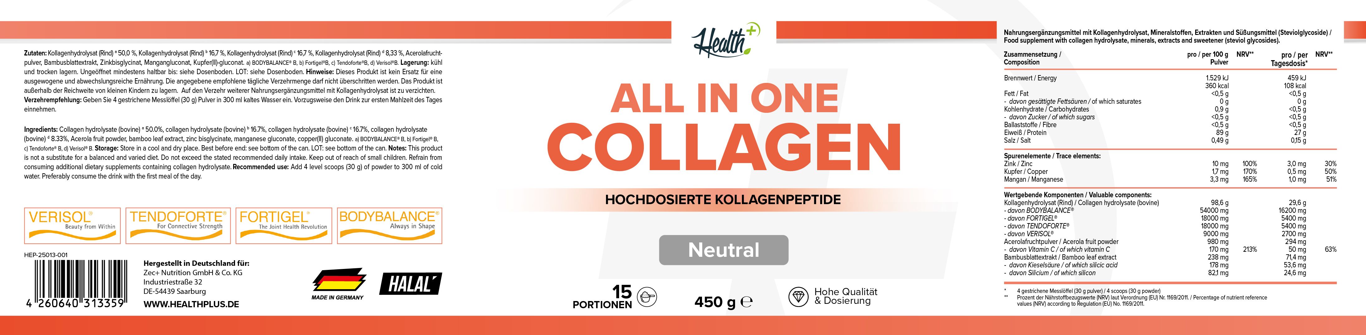 Etikett mit Produktnamen 'ALL IN ONE COLLAGEN'. Text in Deutsch. Verpackungsinformationen und Logos.