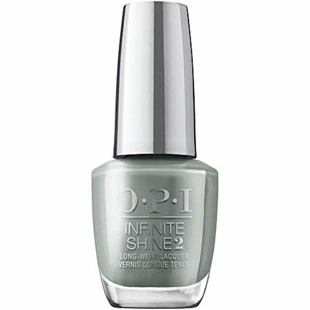 Nagellackflasche mit silbernem Deckel. Aufschrift: O.P.I Infinite Shine 2. Farbe: Grau-Grün. Lang anhaltender Nagellack.