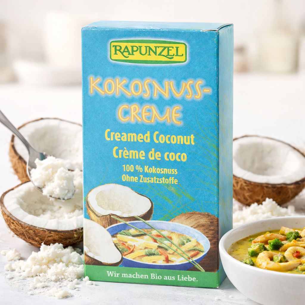 Rapunzel Kokosnuss-Creme Karton mit Kokosnuss-Hälften, Kokosraspeln und einer Schüssel Curry.