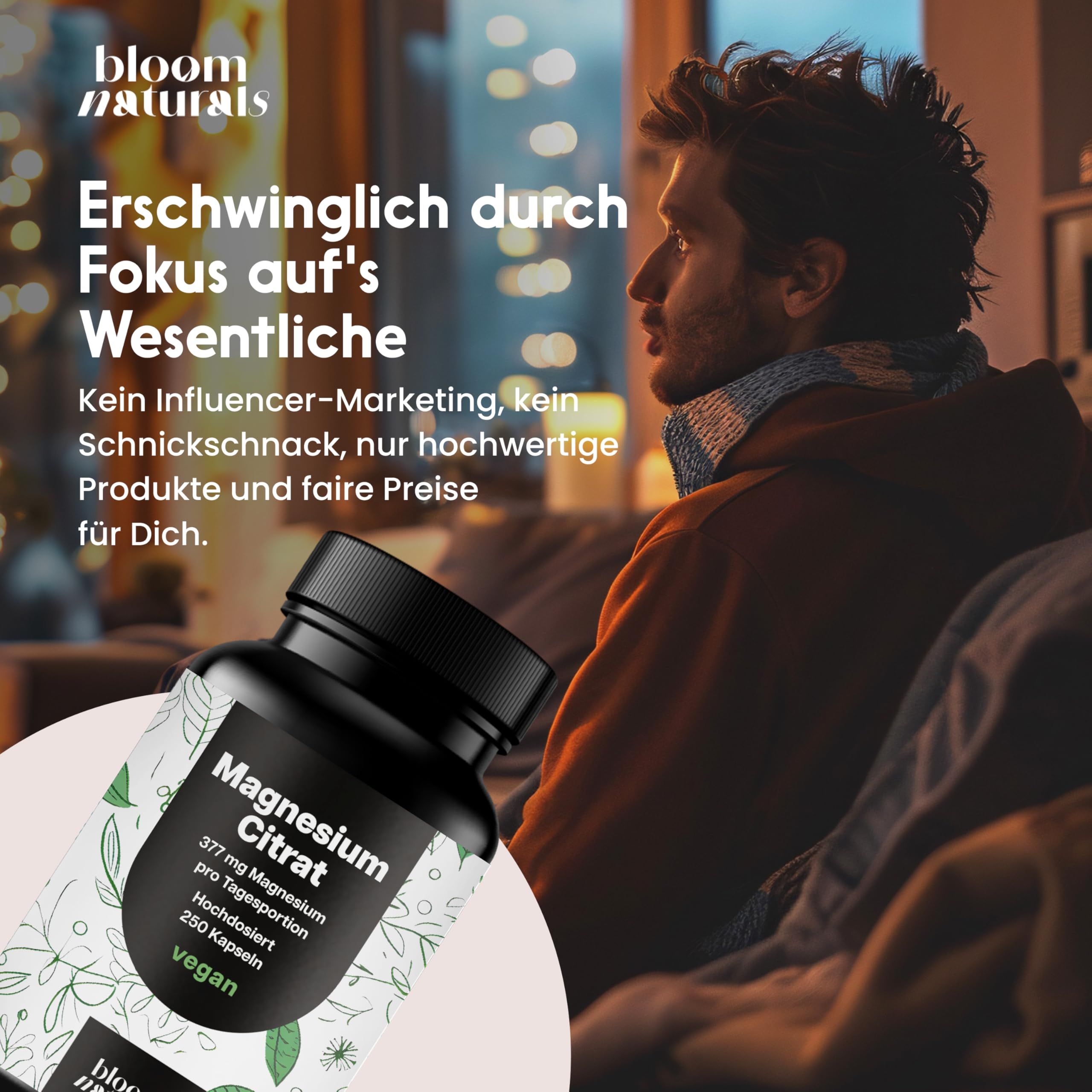 Produktflasche im Raum. Text: Magnesium Citrat, 377 mg Magnesium, 250 Kapseln, vegan. Marke: bloom naturals.