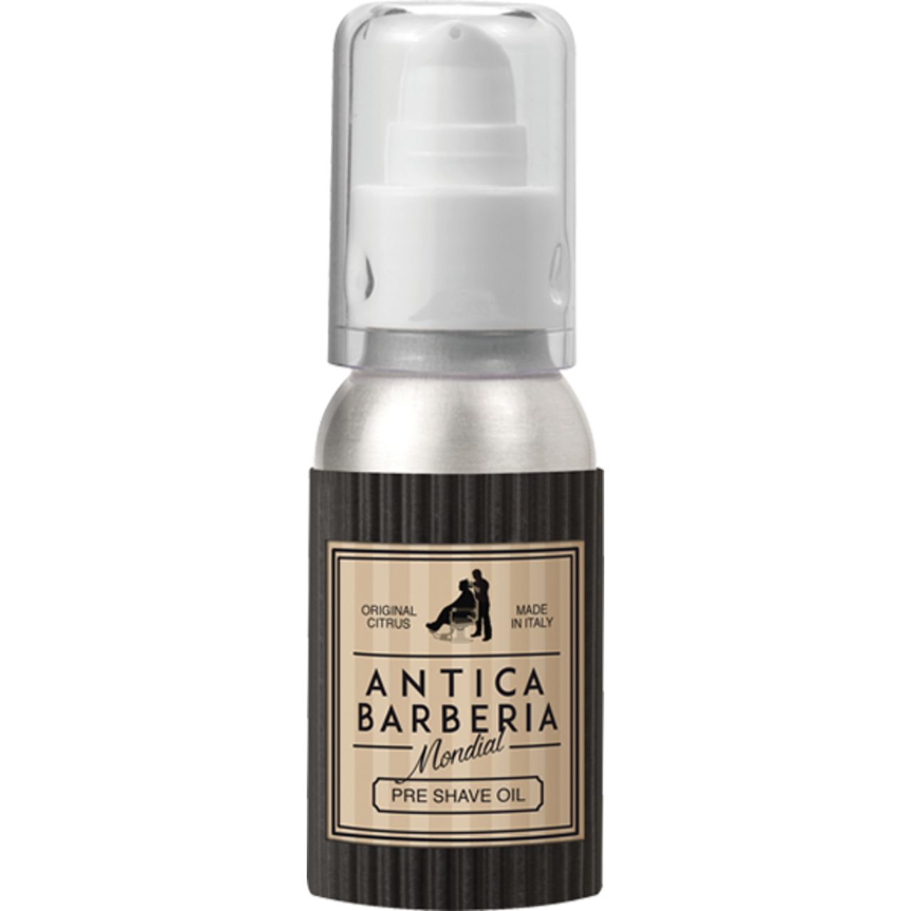 Zylindrische Flasche mit Pumpe. Aufschrift: Antica Barberia Mondial, Pre Shave Oil. Made in Italy.