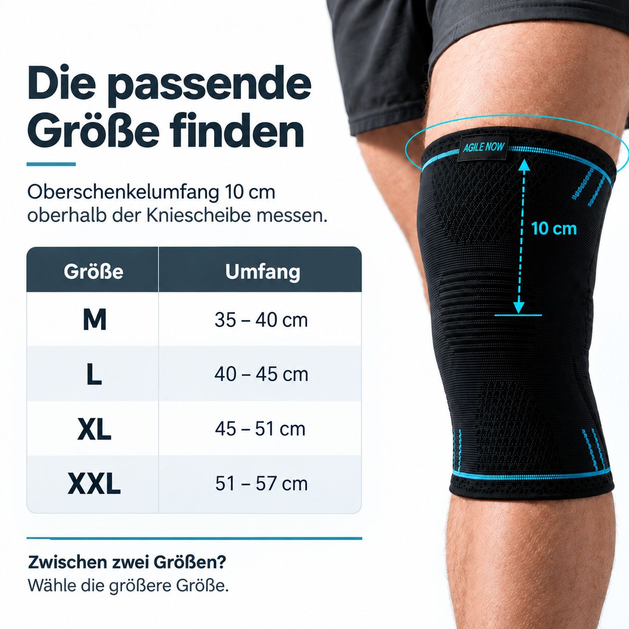 Größentabelle für Kniebandagen: Oberschenkelumfang messen.