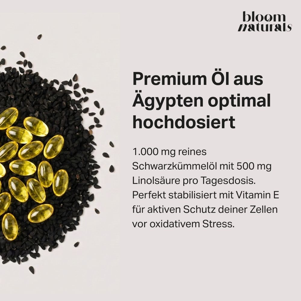 Hochdosiertes Premium Öl aus Ägypten. 1000mg reines Schwarzkümmelöl mit Vitamin E.