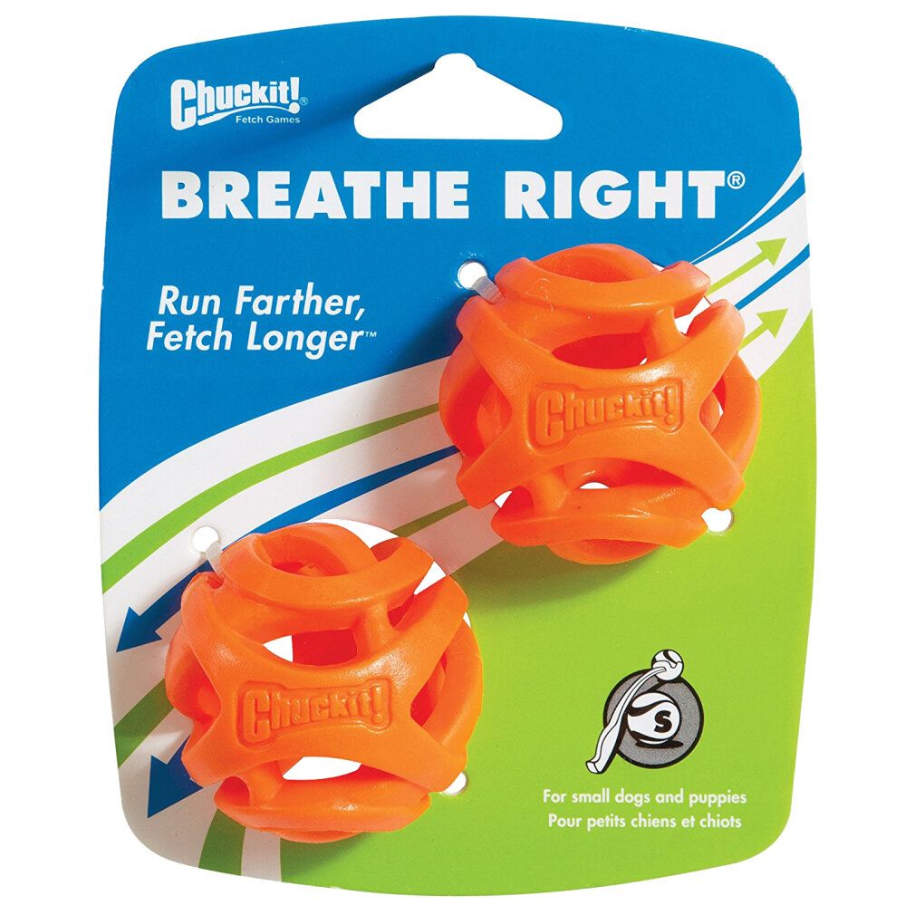 Zwei orangefarbene Bälle in einer Verpackung. Aufschrift: Breathe Right. Für kleine Hunde und Welpen.