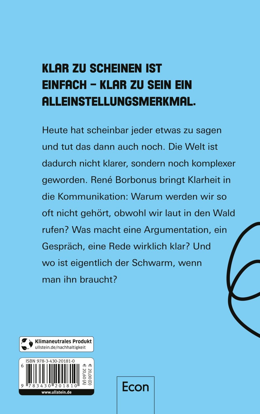 Buchrückseite "Klarheit". Text in schwarzer Schrift auf hellblauem Hintergrund. ISBN, Preis, Verlag Econ. Klimaneutrales Produkt.