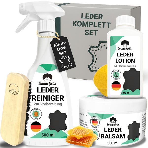 Emma Grün® Lederpflege Komplettset. Enthält Reiniger, Lotion, Balsam, Schwamm, Bürste und Etikett. Verpackung mit Produktnamen.