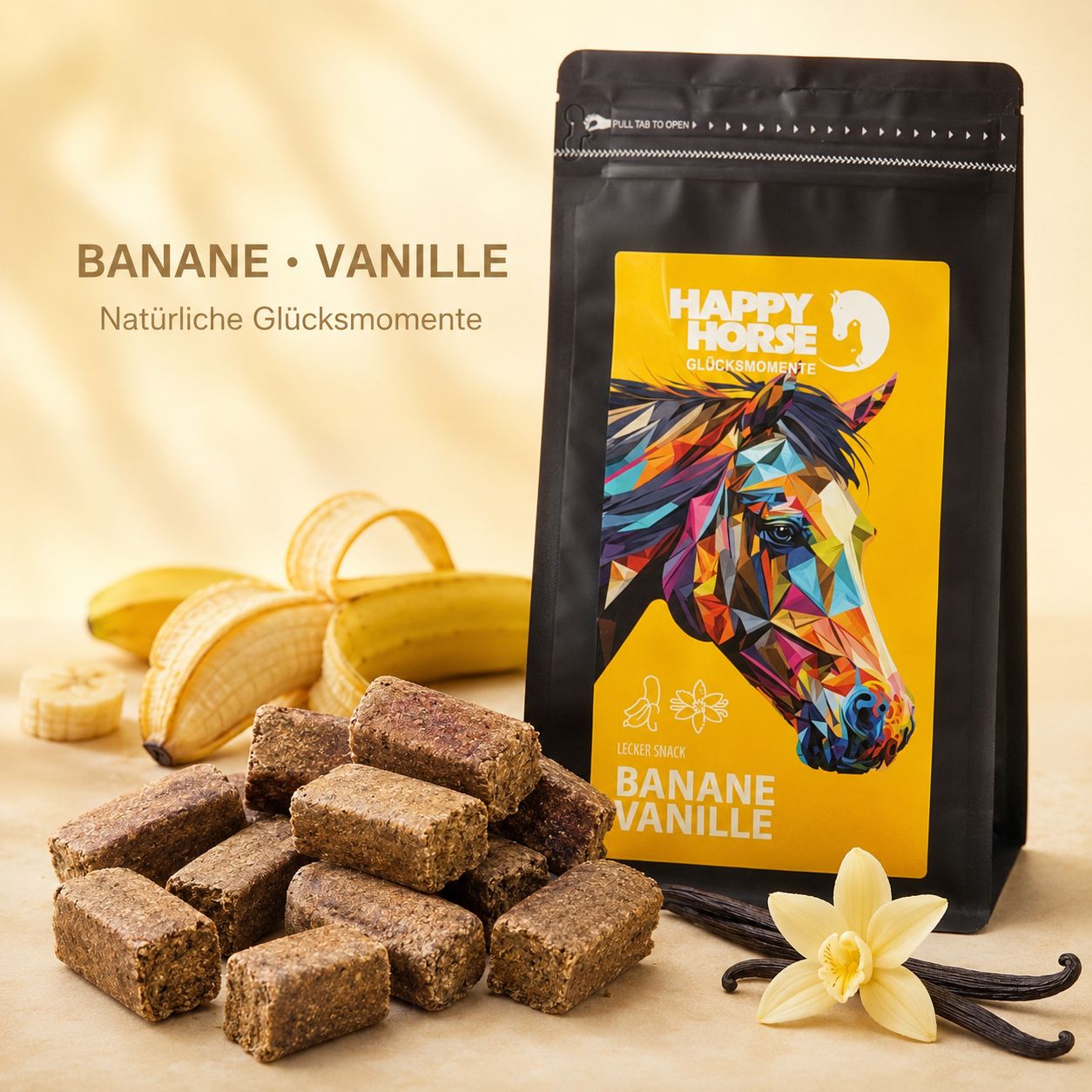 Happy Horse Lecker Snack Banane Vanille mit Bananen, Vanille und Snacks.