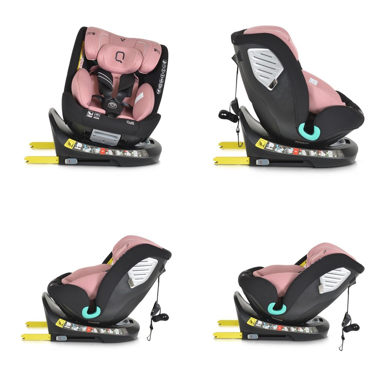 Vier Ansichten eines rosa Kindersitzes mit drehbarer Basis, verschiedene Neigungswinkel.
