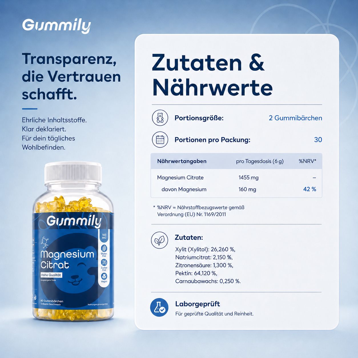 Gummily Magnesium Citrat Flasche mit Zutaten- und Nährwertangaben.