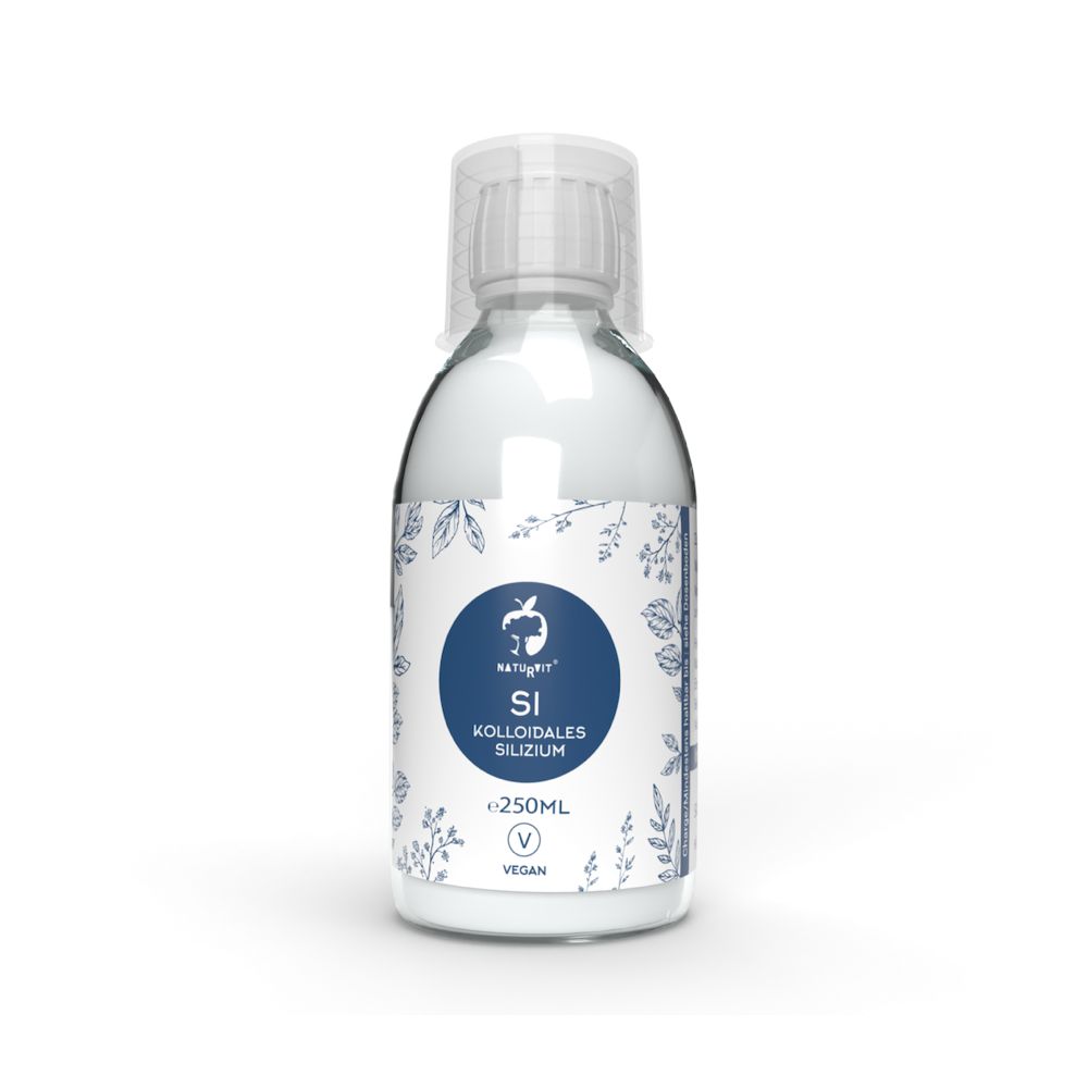 Klare Flüssigkeit in einer weißen Flasche mit blauem Etikett. Aufschrift: SI, kolloidales Silizium, vegan.
