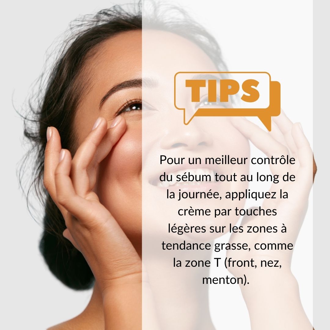 Femme avec texte. Texte : Conseils. Appliquer la crème sur les zones grasses, comme la zone T.