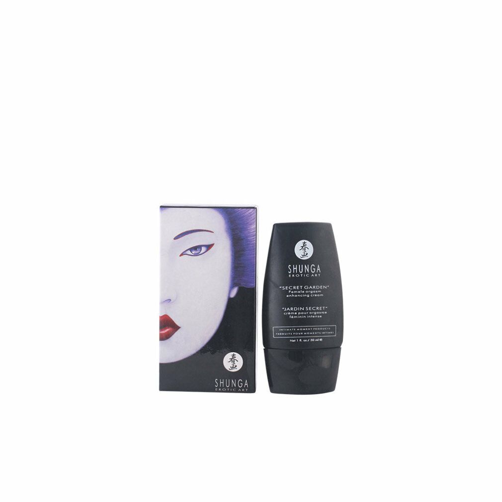 Schwarze Tube und Verpackung. Verpackung mit Gesicht. Tube mit Produktbezeichnung. Text: "SECRET GARDEN" Female orgasm enhancing cream. "JARDIN SECRET".