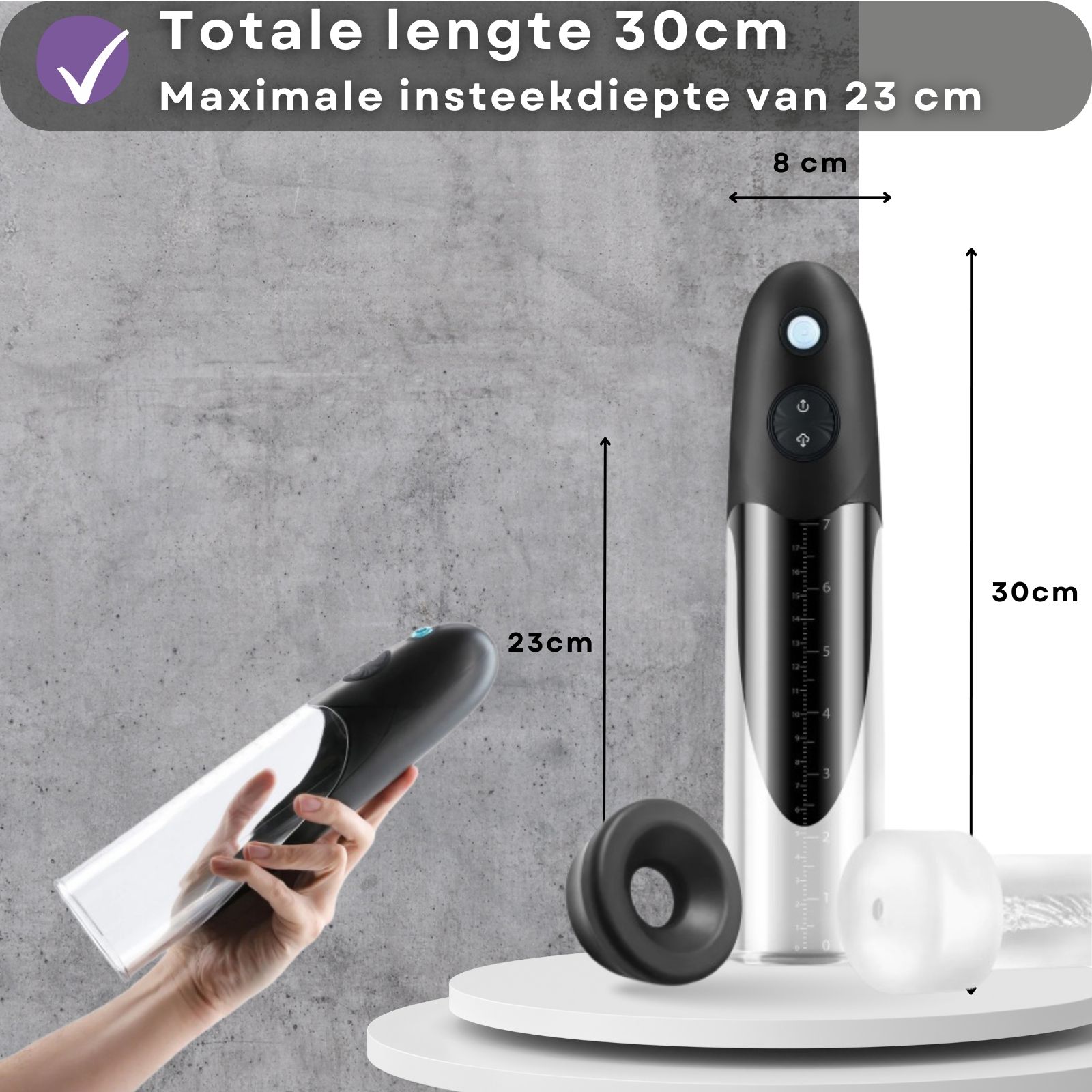 Elektronische penis pomp met tekst. Lengte 30cm. Diepte 23cm. Afmetingen. Hand.