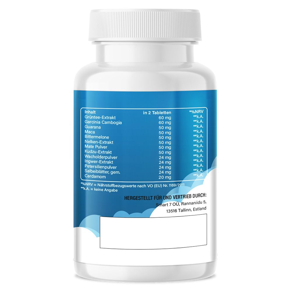 Rückseite einer weißen Flasche mit blauem Etikett. Auflistung der Inhaltsstoffe pro 2 Tabletten. Herstellerinformationen.